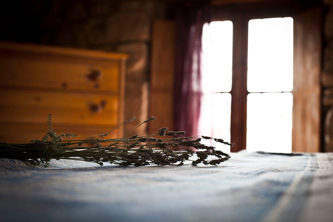 Ramita de lavanda sobre la cama, con la ventana a contraluz